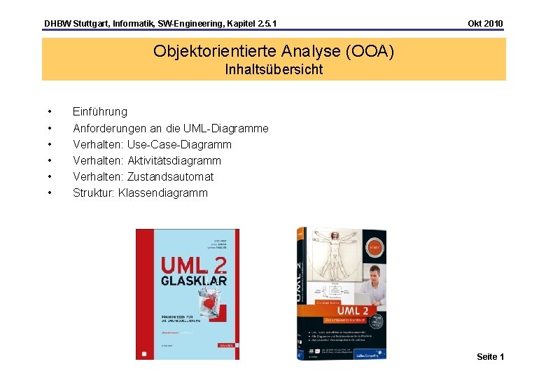 DHBW Stuttgart, Informatik, SW-Engineering, Kapitel 2. 5. 1 Okt 2010 Objektorientierte Analyse (OOA) Inhaltsübersicht