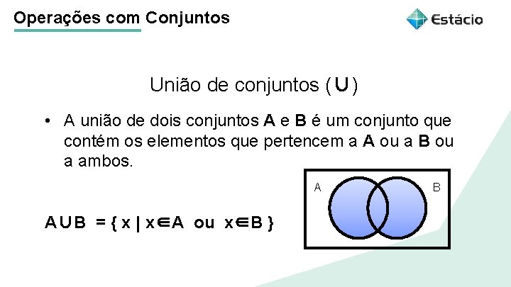 Operações com Conjuntos União de conjuntos (∪) Título do tema da aula • A Operações com Conjuntos União de conjuntos (∪) Título do tema da aula • A