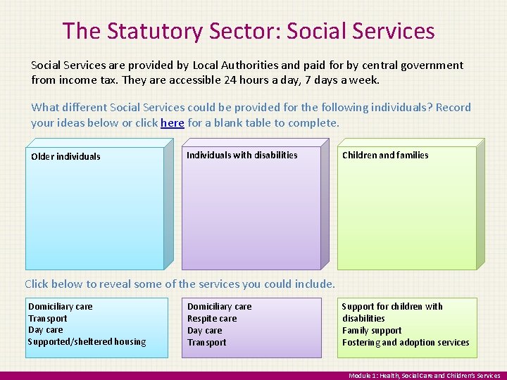 The Statutory Sector: Social Services are provided by Local Authorities and paid for by