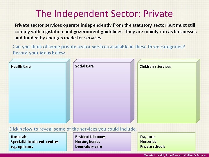 The Independent Sector: Private sector services operate independently from the statutory sector but must
