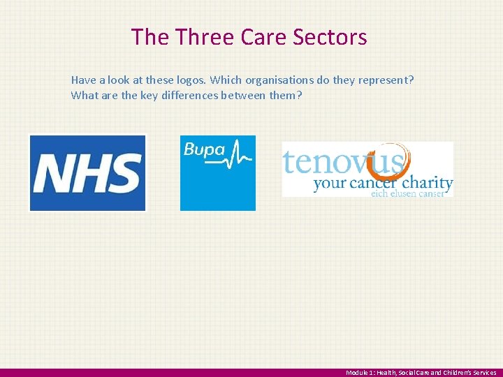 The Three Care Sectors Have a look at these logos. Which organisations do they