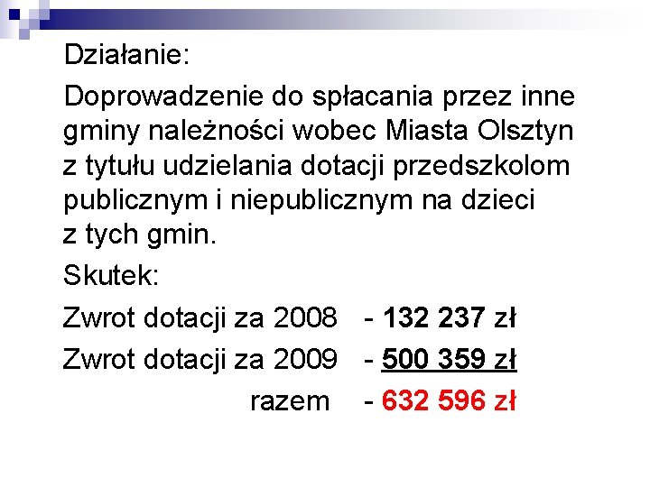 Działanie: Doprowadzenie do spłacania przez inne gminy należności wobec Miasta Olsztyn z tytułu udzielania