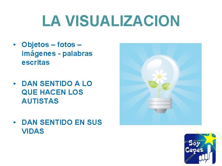 LA VISUALIZACION • Objetos – fotos – imágenes - palabras escritas • DAN SENTIDO