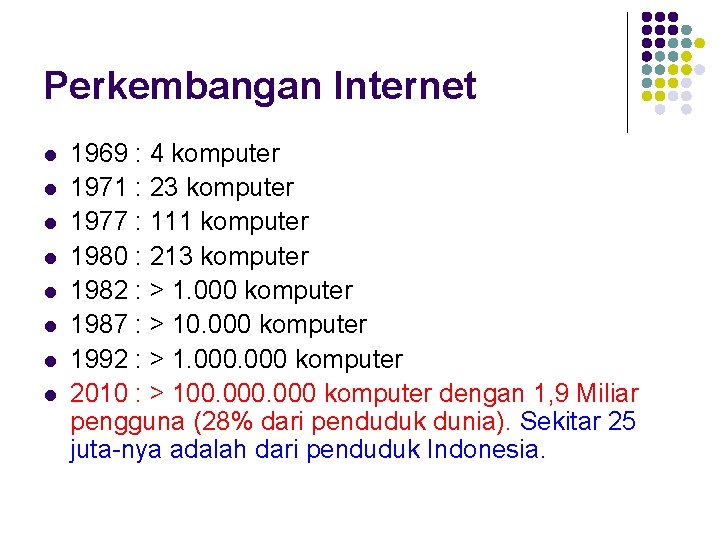 Perkembangan Internet l l l l 1969 : 4 komputer 1971 : 23 komputer