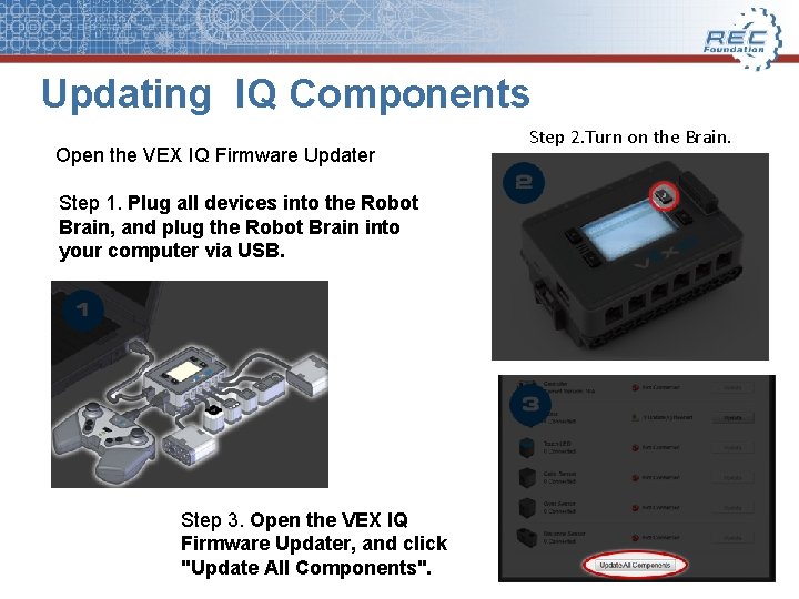 Updating IQ Components Open the VEX IQ Firmware Updater Step 1. Plug all devices