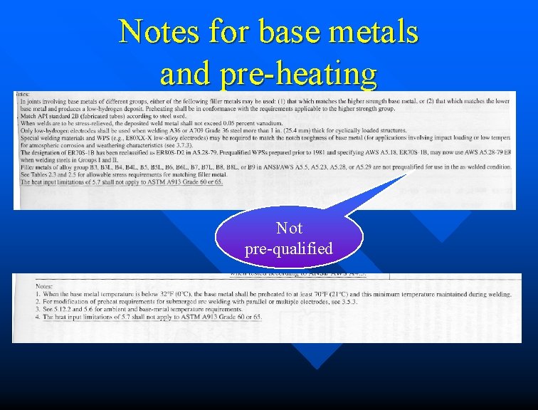 Notes for base metals and pre-heating Not pre-qualified 