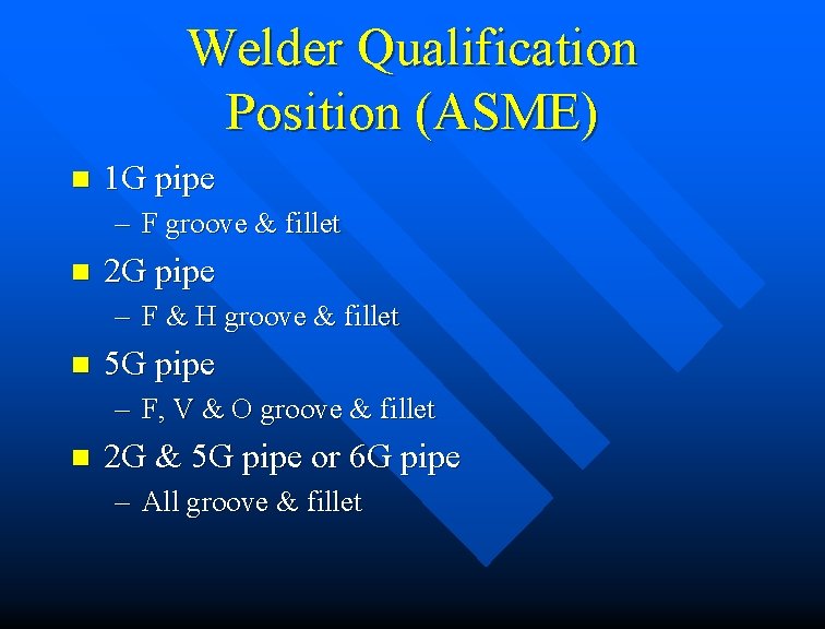 Welder Qualification Position (ASME) n 1 G pipe – F groove & fillet n