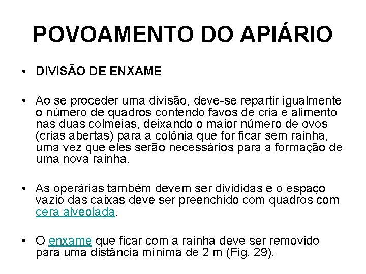 POVOAMENTO DO APIÁRIO • DIVISÃO DE ENXAME • Ao se proceder uma divisão, deve-se