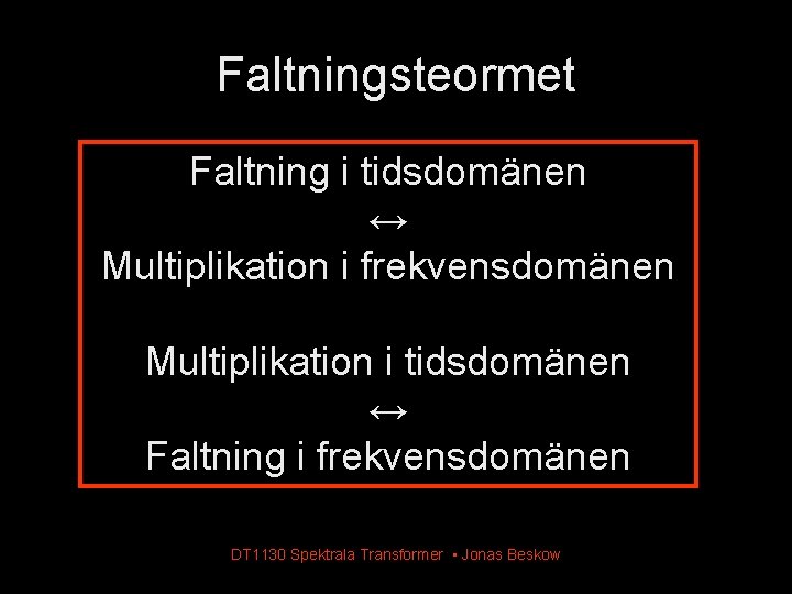 Faltningsteormet Faltning i tidsdomänen ↔ Multiplikation i frekvensdomänen Multiplikation i tidsdomänen ↔ Faltning i Faltningsteormet Faltning i tidsdomänen ↔ Multiplikation i frekvensdomänen Multiplikation i tidsdomänen ↔ Faltning i