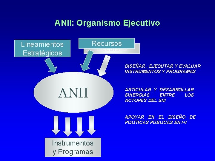 ANII: Organismo Ejecutivo Lineamientos Estratégicos Recursos DISEÑAR , EJECUTAR Y EVALUAR INSTRUMENTOS Y PROGRAMAS