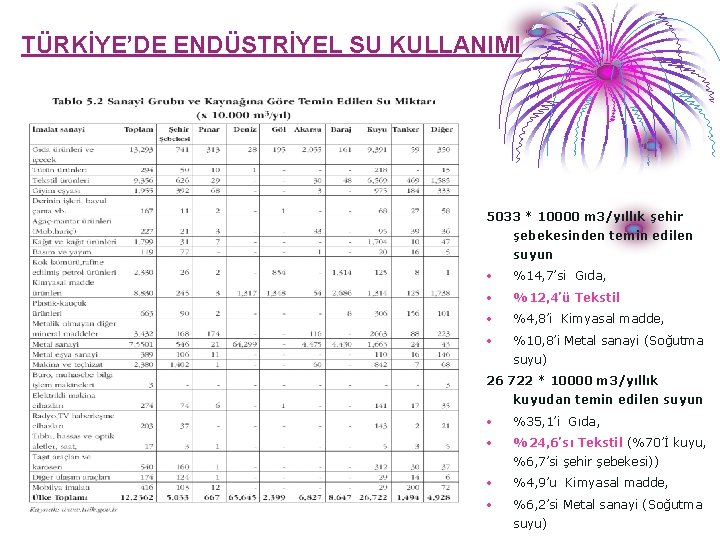 TÜRKİYE’DE ENDÜSTRİYEL SU KULLANIMI 5033 * 10000 m 3/yıllık şehir şebekesinden temin edilen suyun