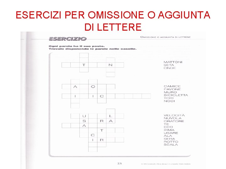 ESERCIZI PER OMISSIONE O AGGIUNTA DI LETTERE 