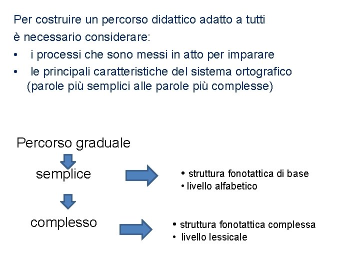 Per costruire un percorso didattico adatto a tutti è necessario considerare: • i processi