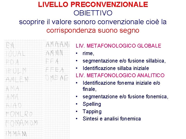 LIVELLO PRECONVENZIONALE OBIETTIVO scoprire il valore sonoro convenzionale cioè la corrispondenza suono segno LIV.