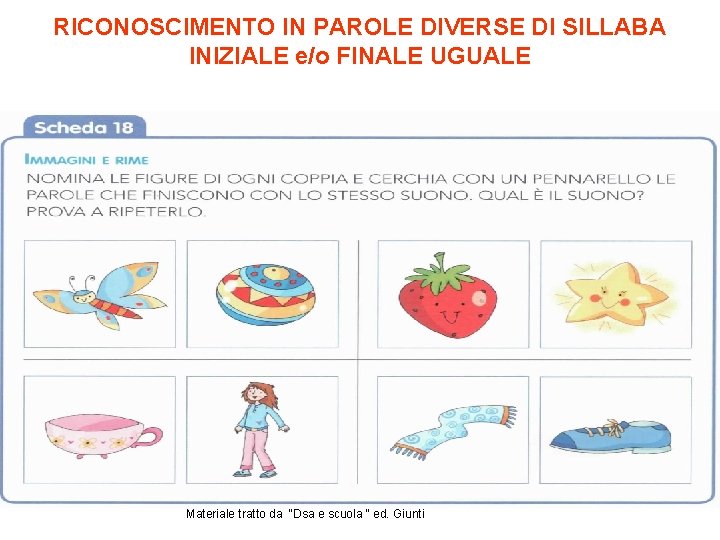 RICONOSCIMENTO IN PAROLE DIVERSE DI SILLABA INIZIALE e/o FINALE UGUALE Materiale tratto da “Dsa