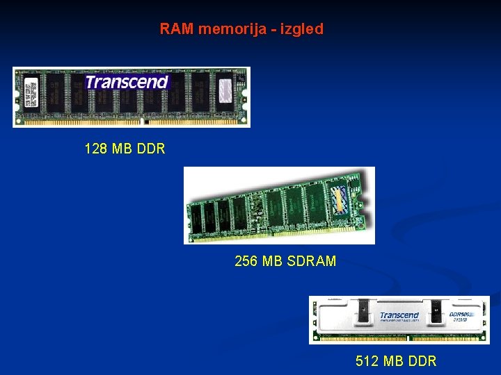 RAM memorija - izgled 128 MB DDR 256 MB SDRAM 512 MB DDR 