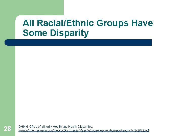 All Racial/Ethnic Groups Have Some Disparity 28 DHMH, Office of Minority Health and Health