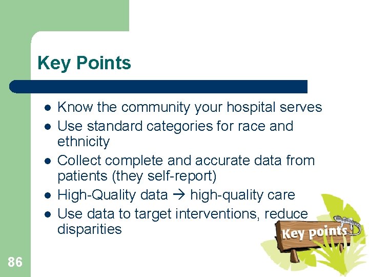 Key Points l l l 86 Know the community your hospital serves Use standard