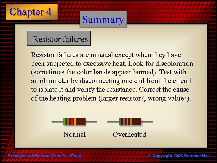 Chapter 4 Summary Resistor failures are unusual except when they have been subjected to