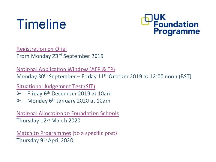 Timeline Registration on Oriel From Monday 23 rd September 2019 National Application Window (AFP