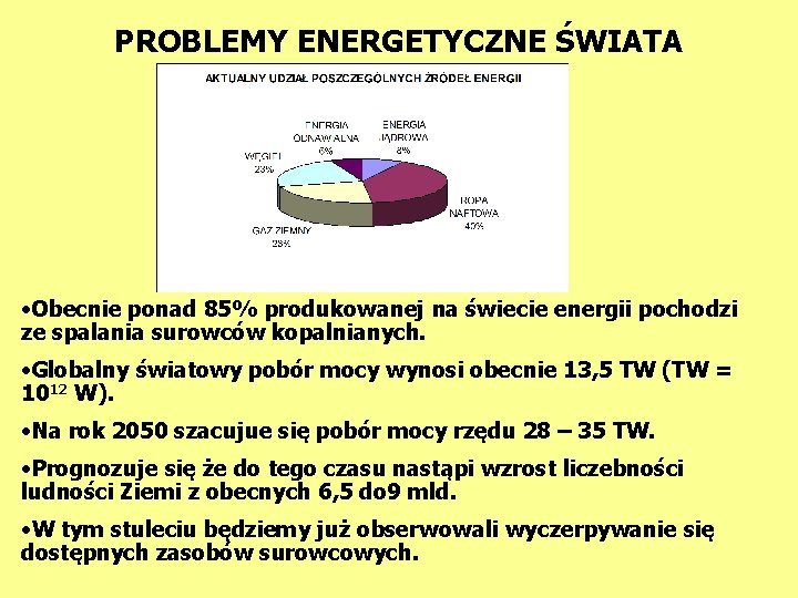 PROBLEMY ENERGETYCZNE ŚWIATA • Obecnie ponad 85% produkowanej na świecie energii pochodzi ze spalania