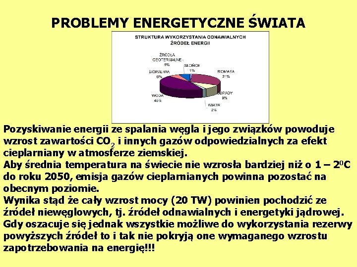 PROBLEMY ENERGETYCZNE ŚWIATA Pozyskiwanie energii ze spalania węgla i jego związków powoduje wzrost zawartości