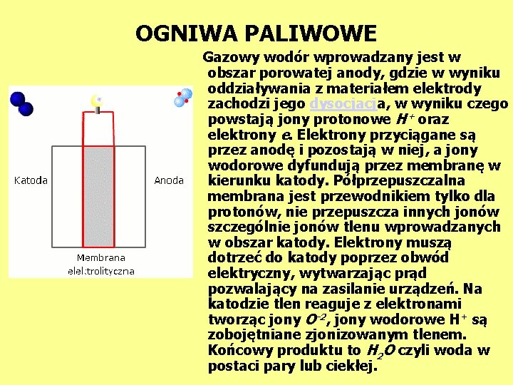 OGNIWA PALIWOWE Gazowy wodór wprowadzany jest w obszar porowatej anody, gdzie w wyniku oddziaływania