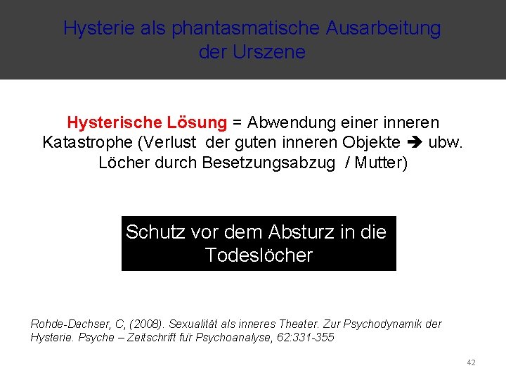 Hysterie als phantasmatische Ausarbeitung der Urszene Hysterische Lösung = Abwendung einer inneren Katastrophe (Verlust