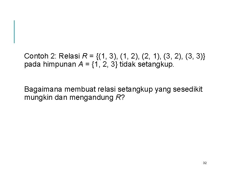 Contoh 2: Relasi R = {(1, 3), (1, 2), (2, 1), (3, 2), (3,