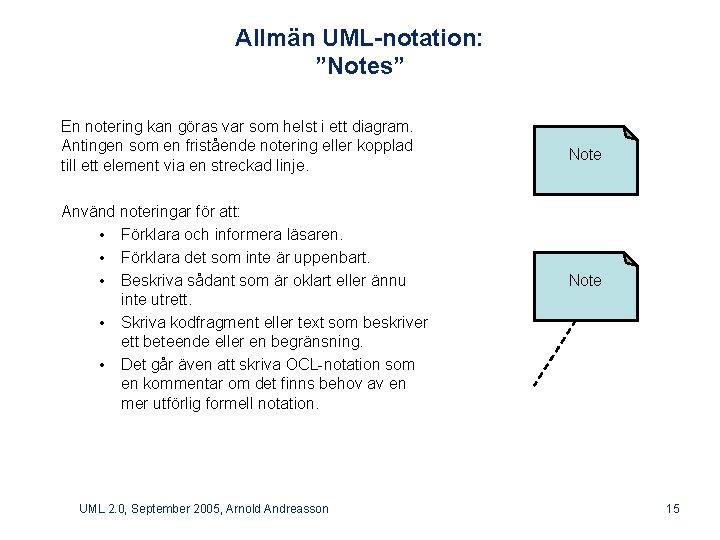 Allmän UML-notation: ”Notes” En notering kan göras var som helst i ett diagram. Antingen