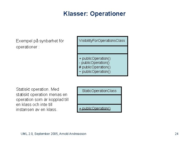 Klasser: Operationer Exempel på synbarhet för operationer : Visibility. For. Operations. Class + public.