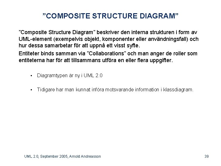 ”COMPOSITE STRUCTURE DIAGRAM” ”Composite Structure Diagram” beskriver den interna strukturen i form av UML-element