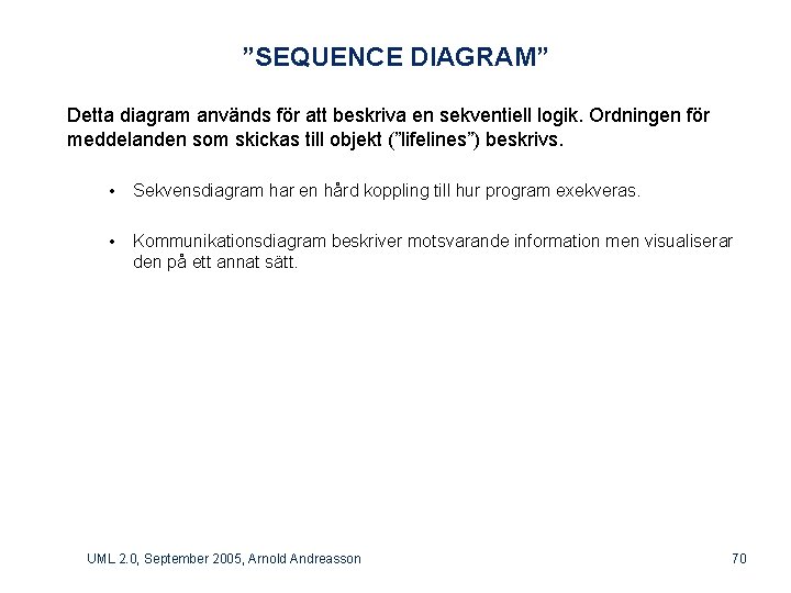 ”SEQUENCE DIAGRAM” Detta diagram används för att beskriva en sekventiell logik. Ordningen för meddelanden