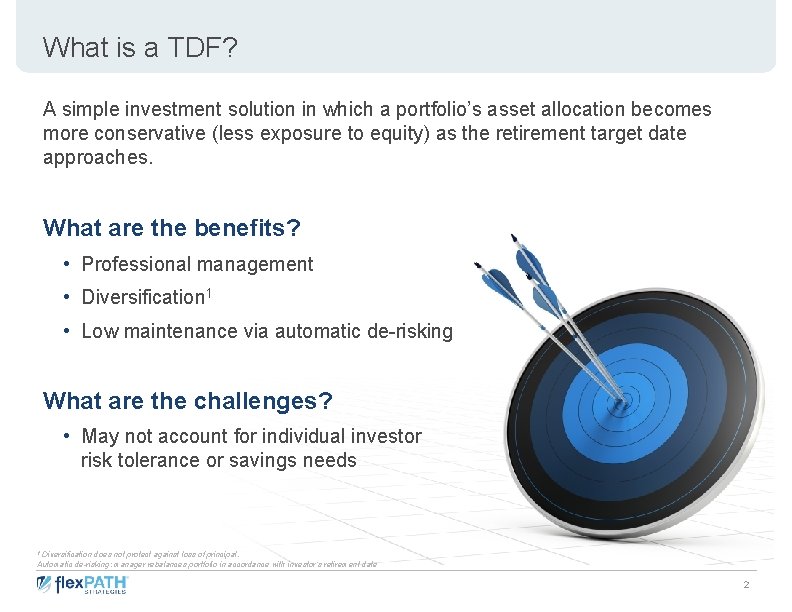 What is a TDF? A simple investment solution in which a portfolio’s asset allocation