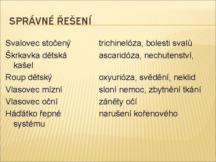 SPRÁVNÉ ŘEŠENÍ Svalovec stočený Škrkavka dětská kašel Roup dětský Vlasovec mízní Vlasovec oční Háďátko