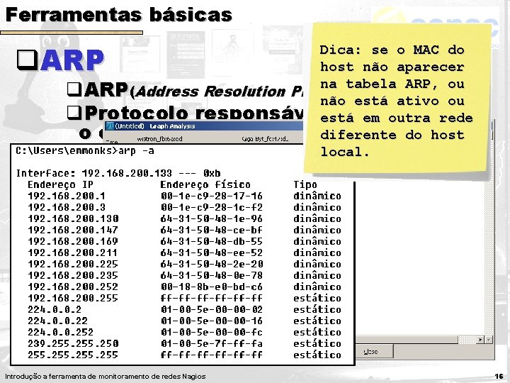 Ferramentas básicas q. ARP Dica: se o MAC do host não aparecer na tabela Ferramentas básicas q. ARP Dica: se o MAC do host não aparecer na tabela