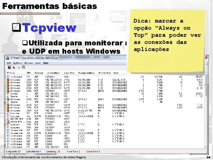 Ferramentas básicas q. Tcpview q. Utilizada para monitorar e UDP em hosts Windows Dica: Ferramentas básicas q. Tcpview q. Utilizada para monitorar e UDP em hosts Windows Dica: