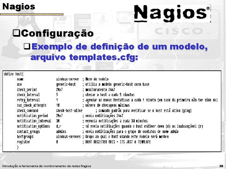 Nagios q. Configuração q. Exemplo de definição de um modelo, arquivo templates. cfg: Introdução Nagios q. Configuração q. Exemplo de definição de um modelo, arquivo templates. cfg: Introdução