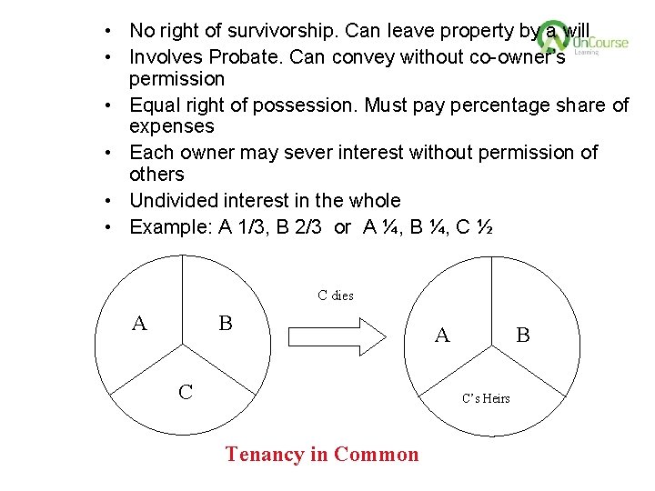  • No right of survivorship. Can leave property by a will • Involves