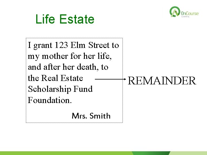 Life Estate I grant 123 Elm Street to my mother for her life, and