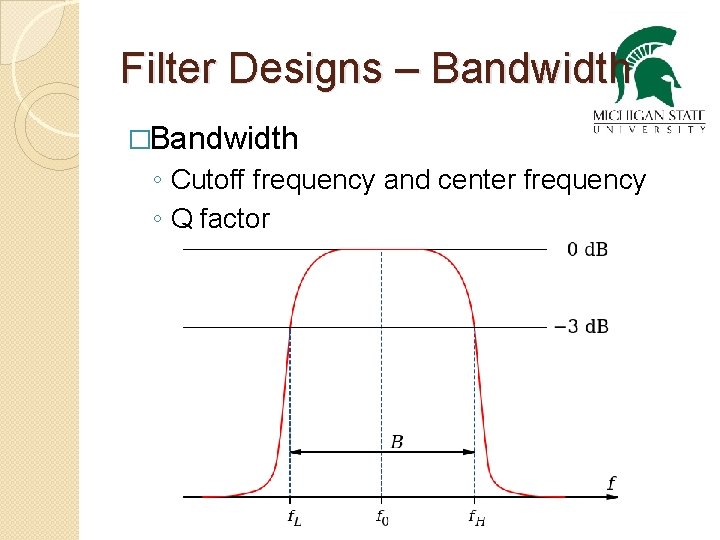 Filter Designs – Bandwidth �Bandwidth ◦ Cutoff frequency and center frequency ◦ Q factor