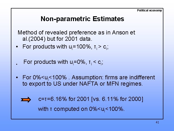 Political economy Non-parametric Estimates Method of revealed preference as in Anson et al. (2004)