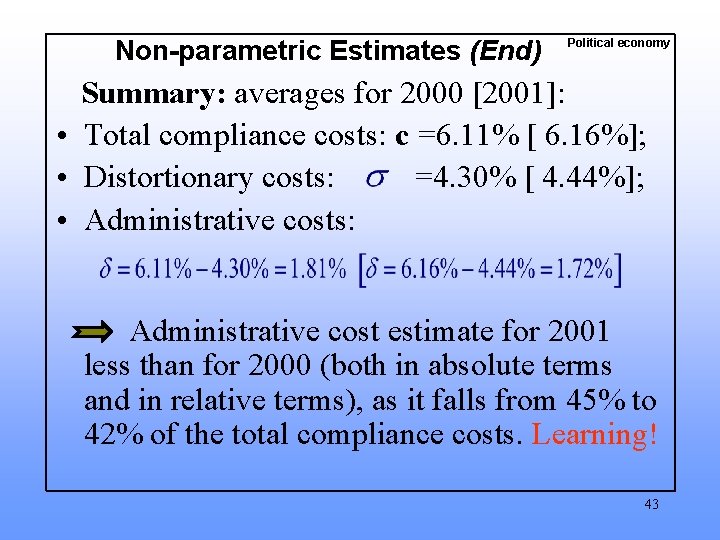 Non-parametric Estimates (End) Political economy Summary: averages for 2000 [2001]: • Total compliance costs: