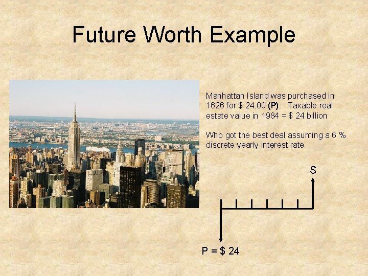 Future Worth Example Manhattan Island was purchased in 1626 for $ 24. 00 (P).