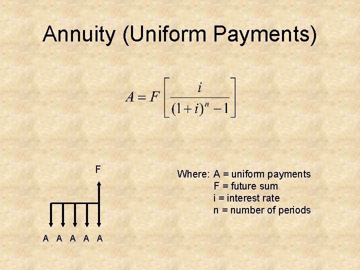 Annuity (Uniform Payments) F A A A Where: A = uniform payments F =