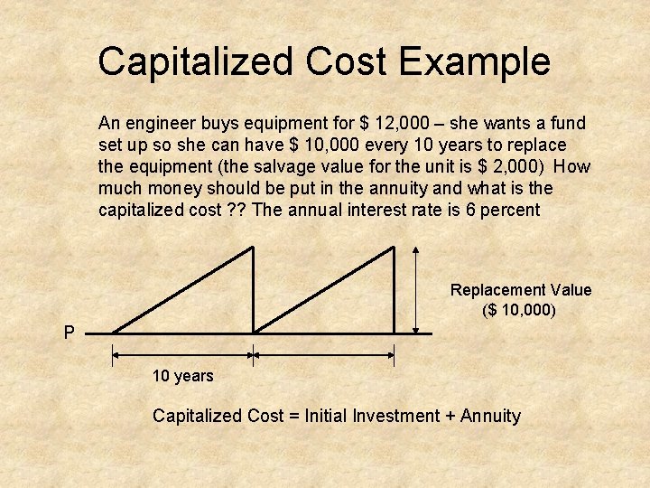 Capitalized Cost Example An engineer buys equipment for $ 12, 000 – she wants