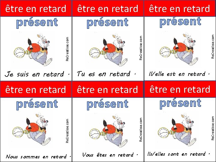 Re. Creatisse. com être en retard présent Il/elle est en retard. être en retard