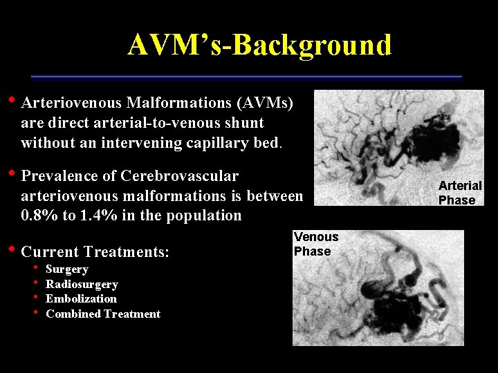 AVM’s-Background • Arteriovenous Malformations (AVMs) are direct arterial-to-venous shunt without an intervening capillary bed.