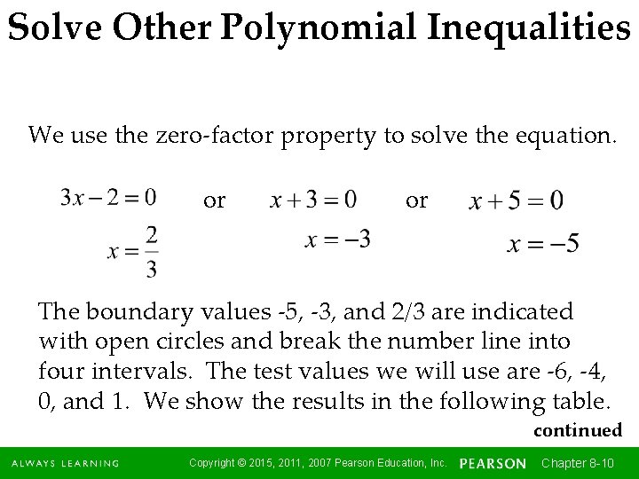 Solve Other Polynomial Inequalities We use the zero-factor property to solve the equation. or