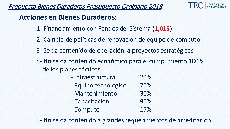 Propuesta Bienes Duraderos Presupuesto Ordinario 2019: Acciones en Bienes Duraderos: 1 - Financiamiento con